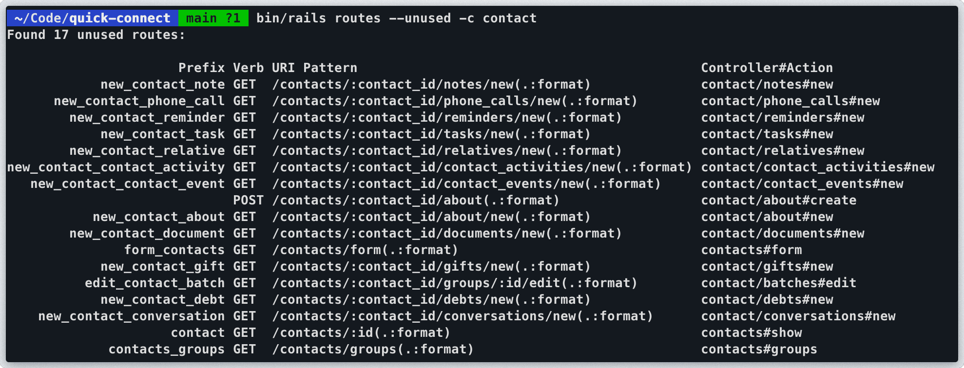 Output from bin/rails routes --unused -c contact
